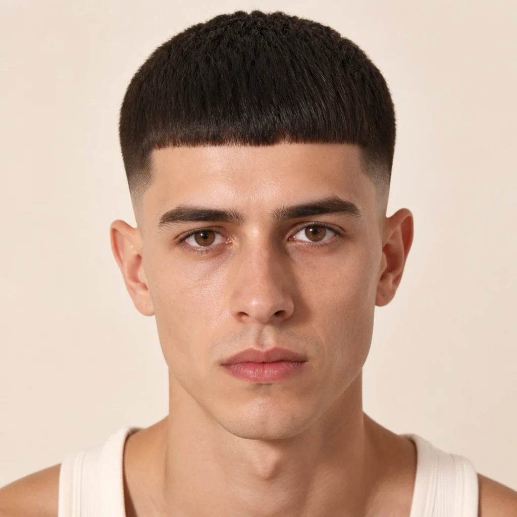 Front view of a man with a classic short edgar cut, dense straight fringe cut level just above the brow and short faded sides