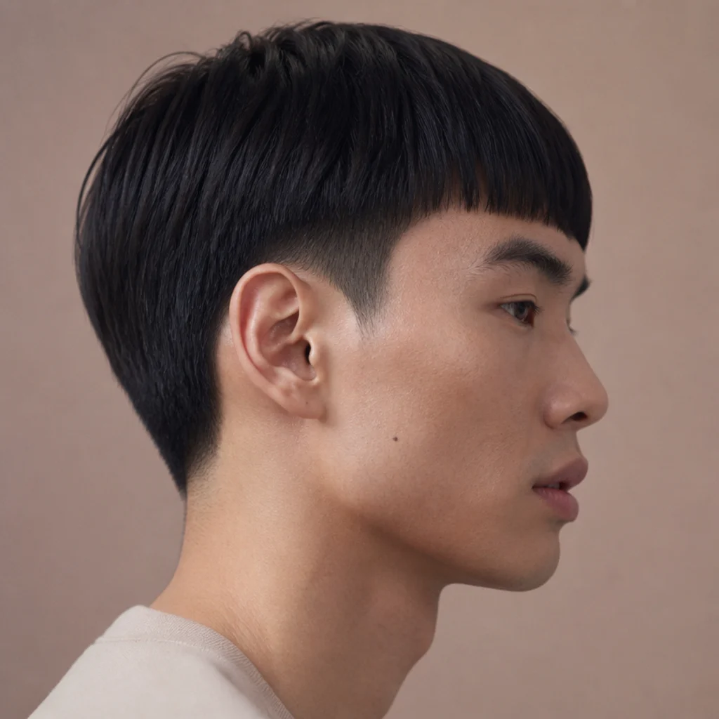 Side profile of edgar cut straight hair with a smooth blunt fringe and a tight taper along the temple