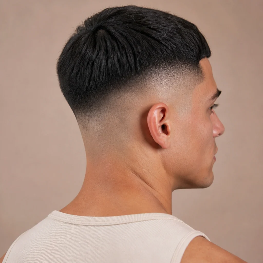 Three-quarter back view of a high skin fade edgar with bare sides above the ear and a dense flat block of hair on top