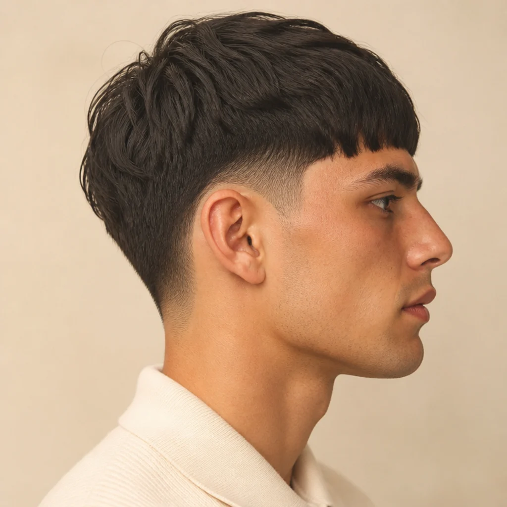 Side view of an edgar cut taper fade with softly graduated sideburns and neckline under a level straight fringe