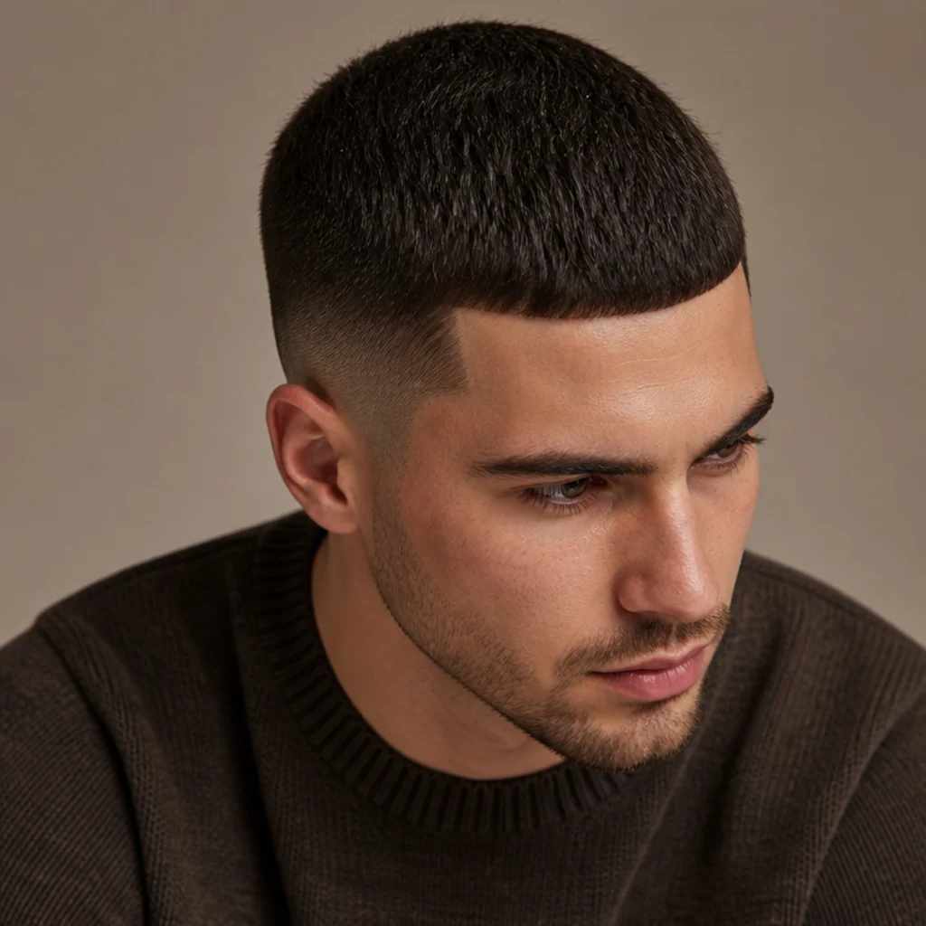 Overhead three-quarter view of an edgar buzz cut with a uniformly short clipper top and a defined blunt front edge