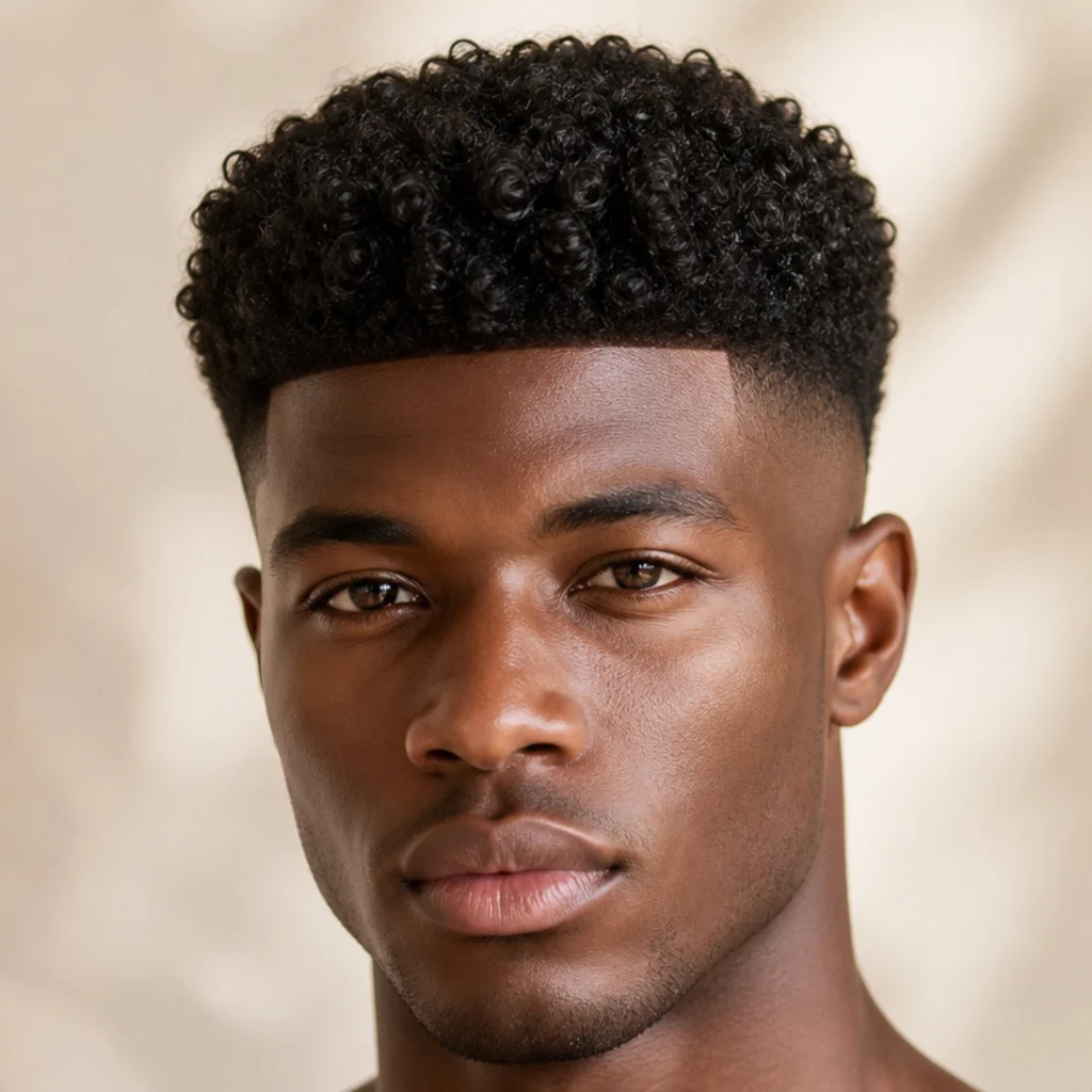 Front view of a curly edgar cut with dense coils kept full on top, shaped into a blunt front over short faded sides