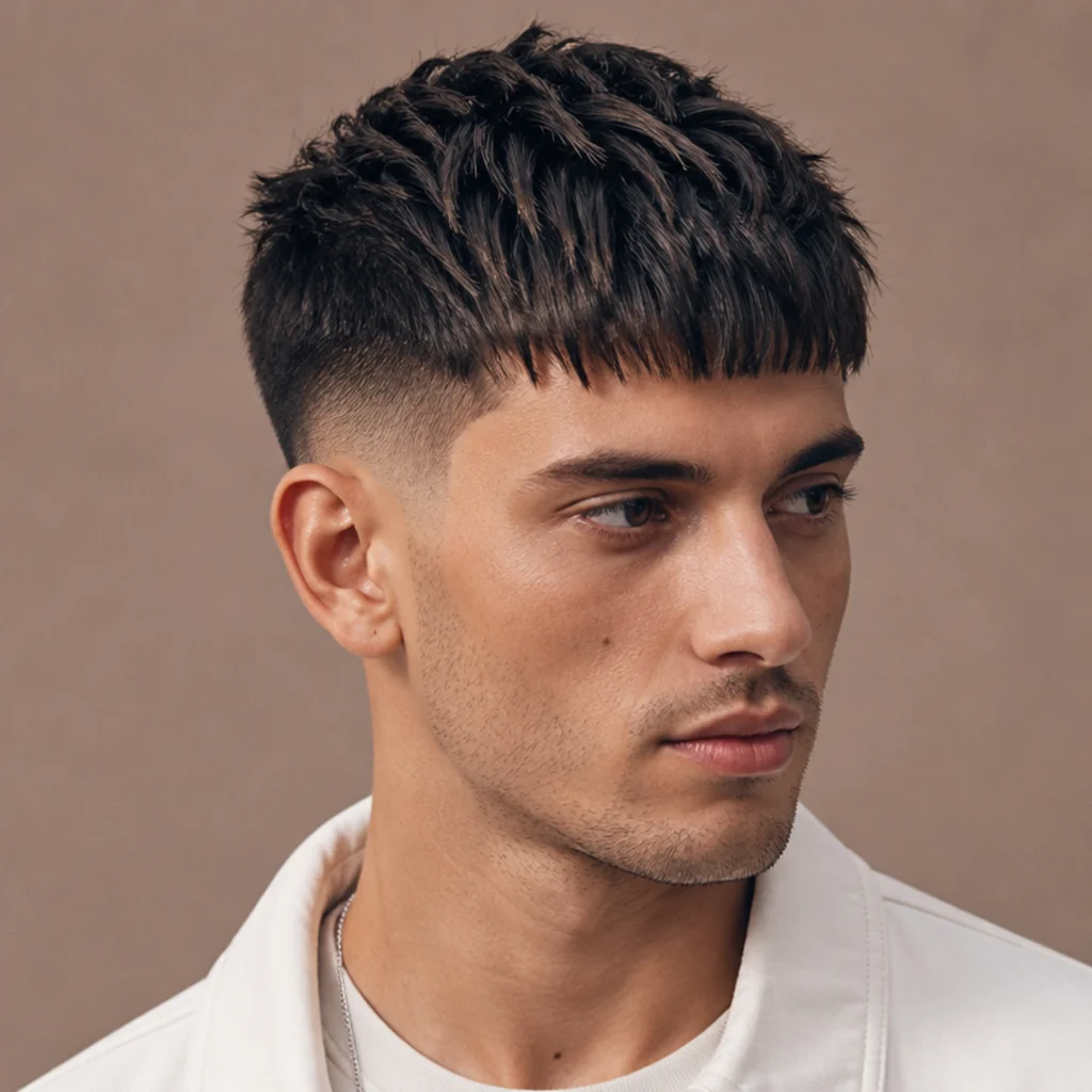 Three-quarter view of a textured crop edgar with a choppy, piecey top and a clean mid fade on the sides