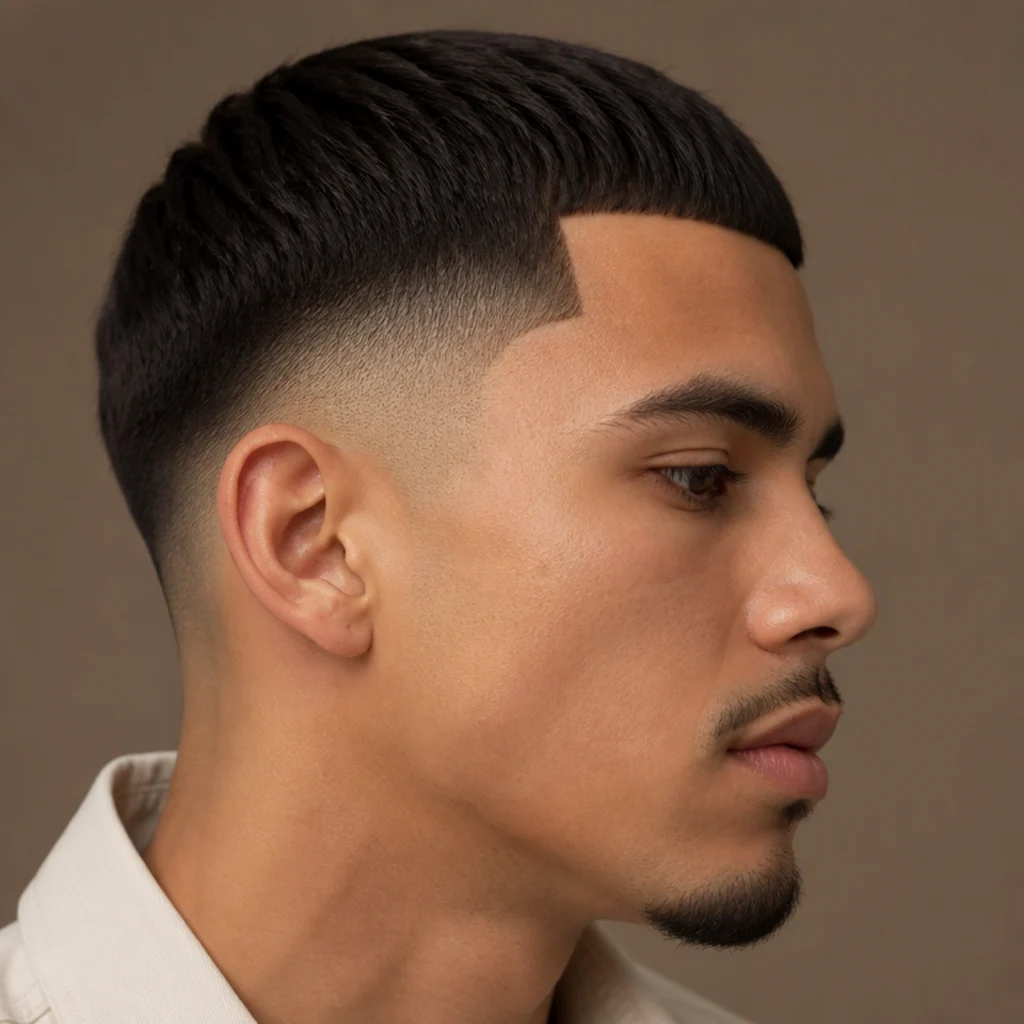 Close side view of an edgar with a crisp squared line up along the hairline and temple beside a short fade