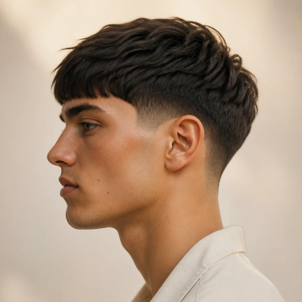 Side profile of a low fade edgar where the fade sits just above the ear beneath a full straight fringe