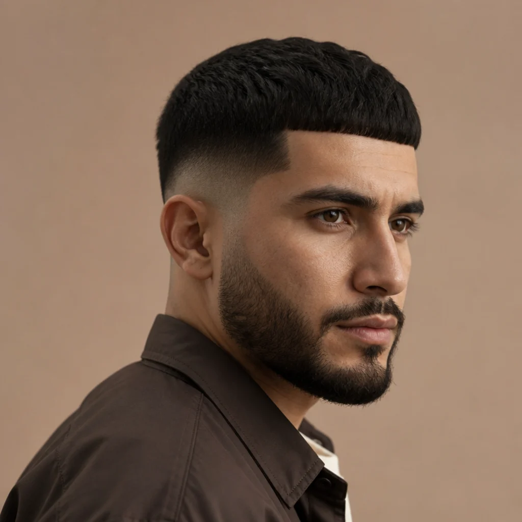 Three-quarter view of a mid fade edgar with the fade starting at the temple and a level blunt fringe on top