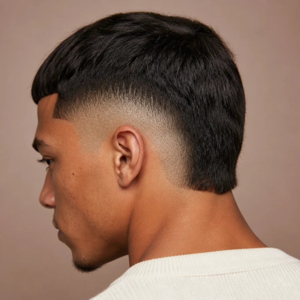Back three-quarter view of a burst fade edgar curving in a semicircle around the ear with length kept at the nape