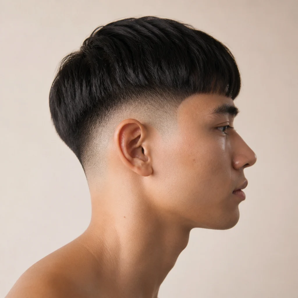 Side view of a drop fade edgar where the fade line dips lower behind the ear beneath a blunt fringe