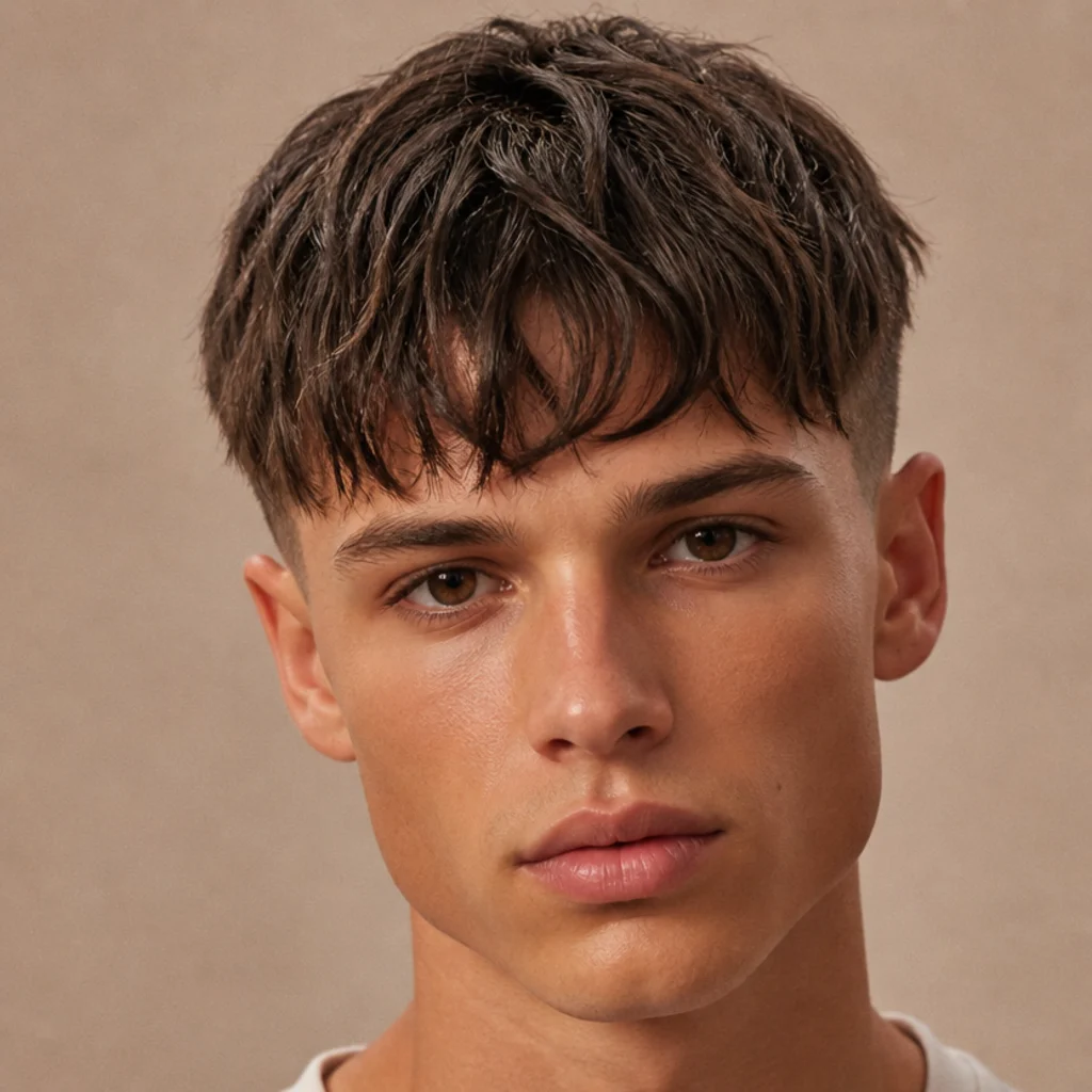 Front view of a messy piecey edgar with a tousled straight fringe separated into loose sections above a short fade