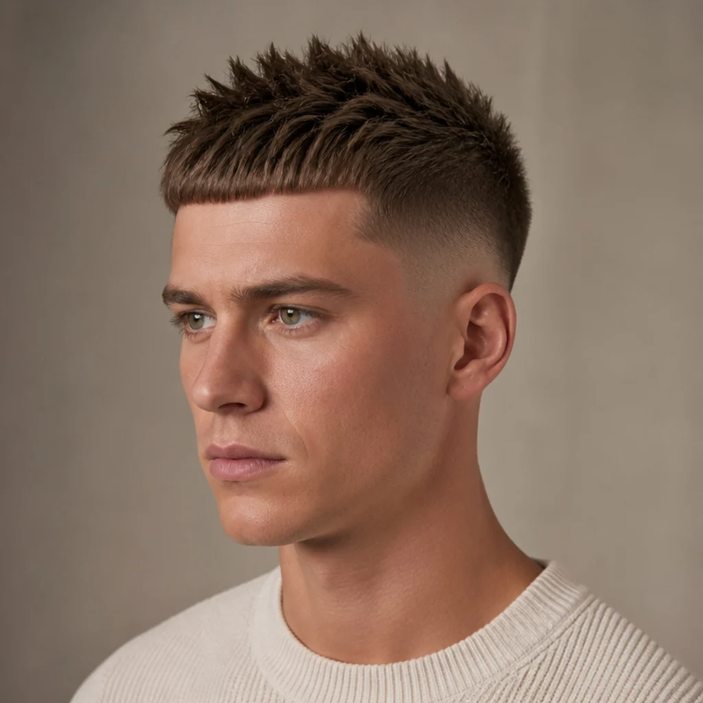Three-quarter view of a spiky short edgar with the top styled into short upward spikes over a clean fade