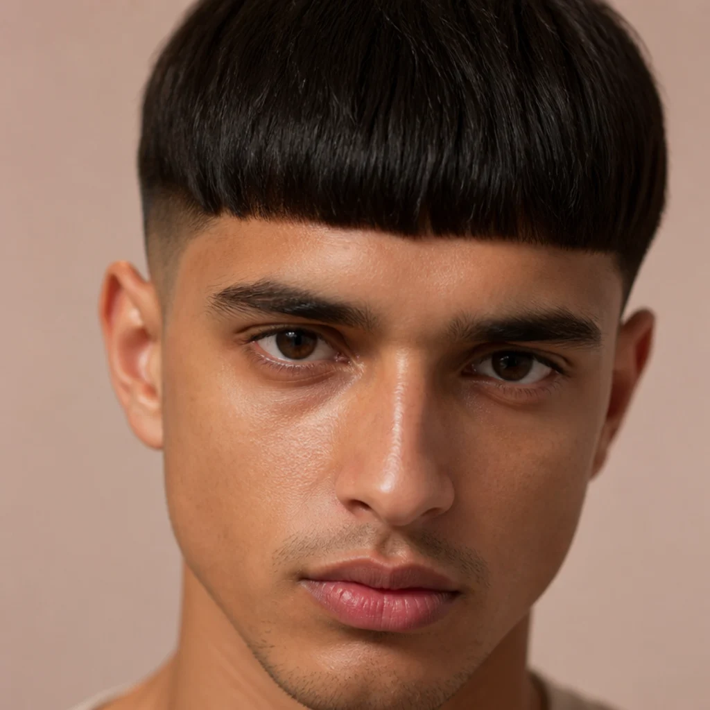 Front close-up of a heavy blunt fringe edgar with a thick, dense front line sitting low across the forehead