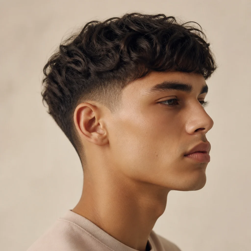Side profile of a wavy edgar cut with natural waves through the top shaped into a soft blunt front and short fade
