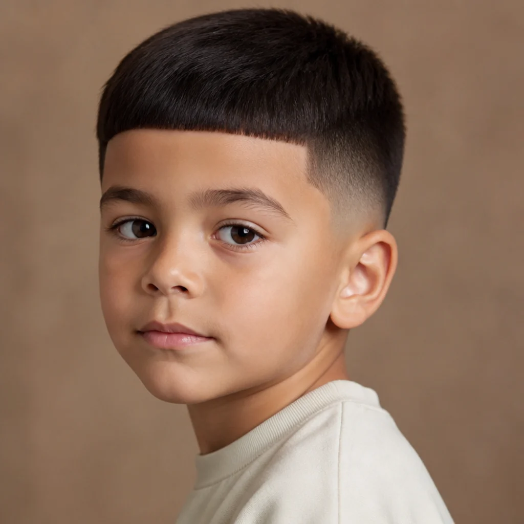 Three-quarter view of a young boy with a short edgar cut, neat straight fringe and a gentle low fade