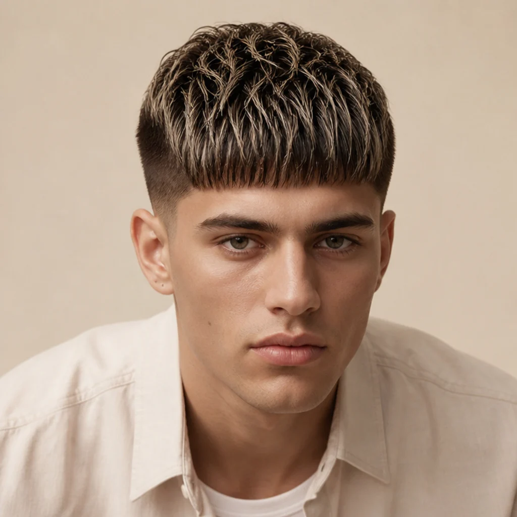 Front view of an edgar cut with subtle frosted blonde tips on the top over darker faded sides