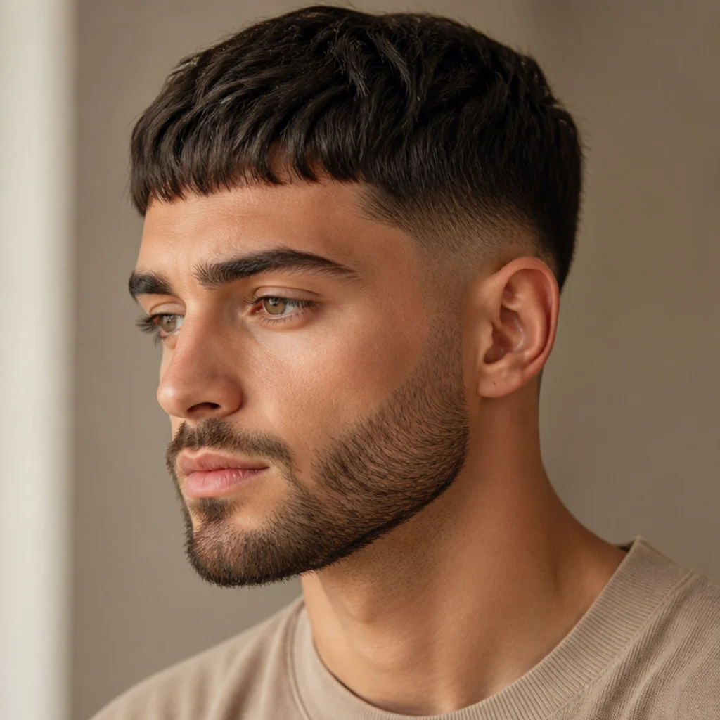 Three-quarter view of a man pairing a short edgar cut with a neatly faded, shaped short beard connected at the sideburn