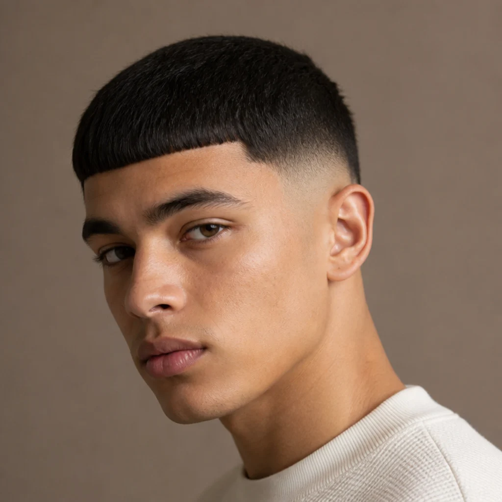 Three-quarter view of a young man with a short edgar cut, blunt straight fringe and crisp skin fade on a taupe studio background