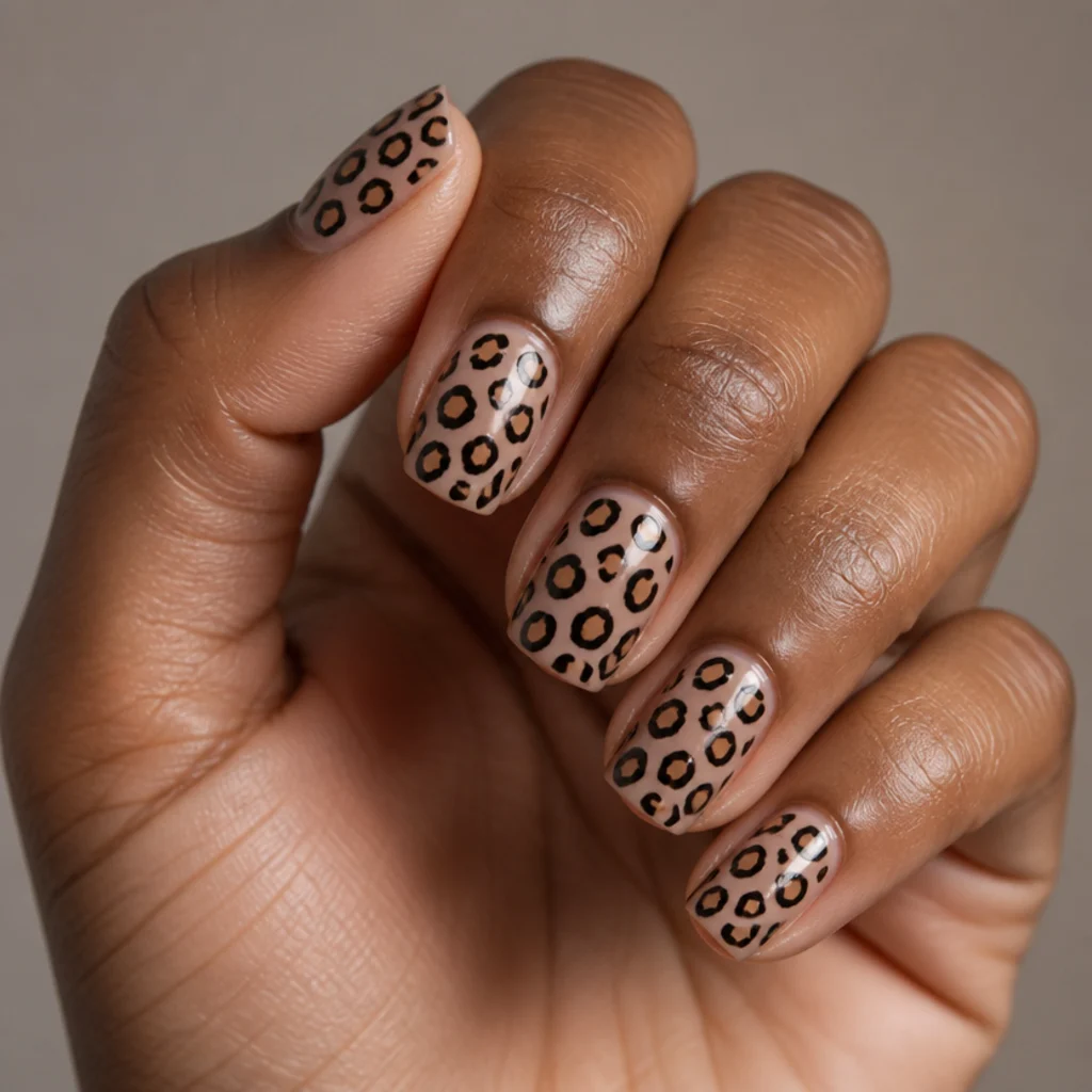 Short squoval nails in soft nude with layered tan rosettes outlined in crisp black leopard print