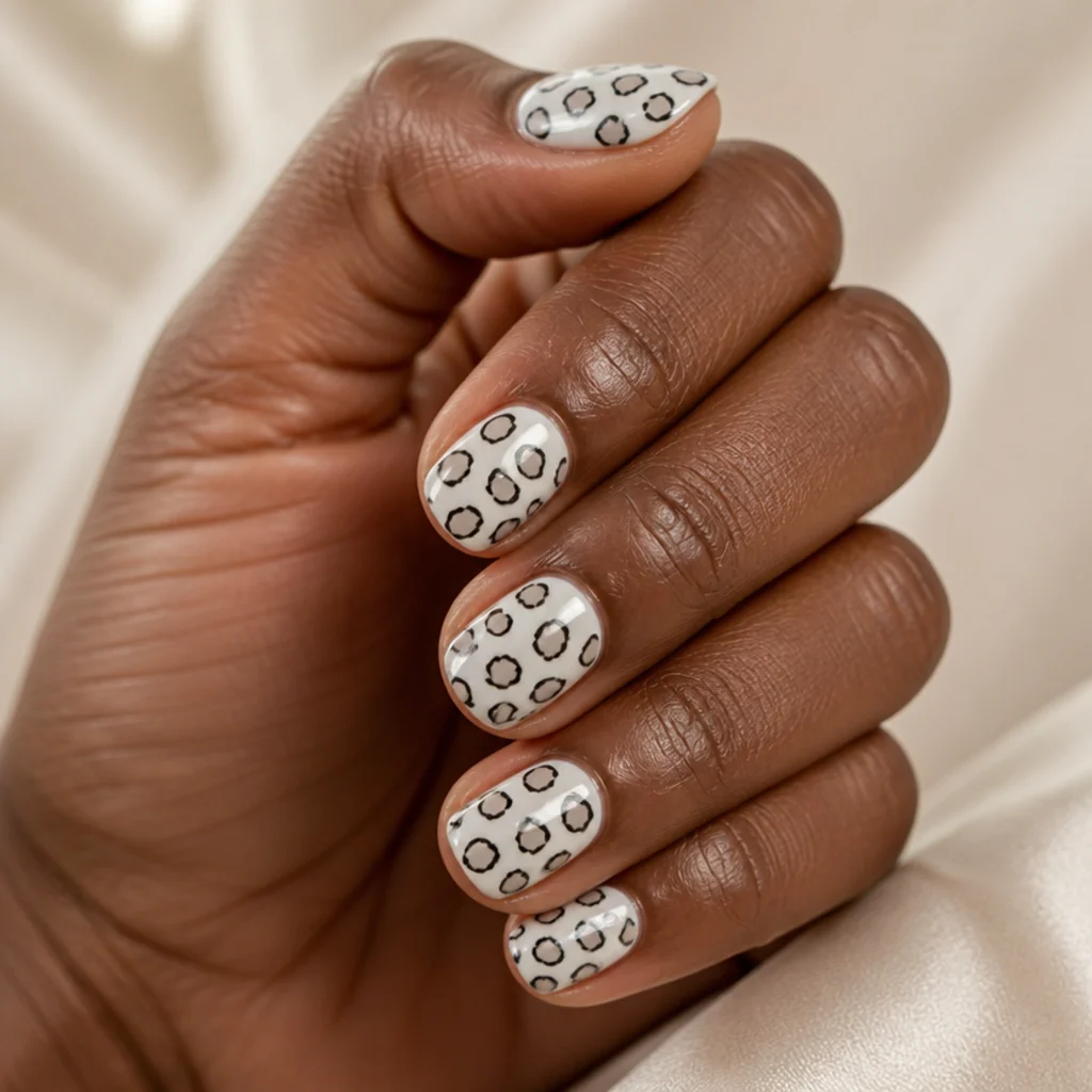 Short round nails in milky white with pale grey leopard centers and thin black broken outlines