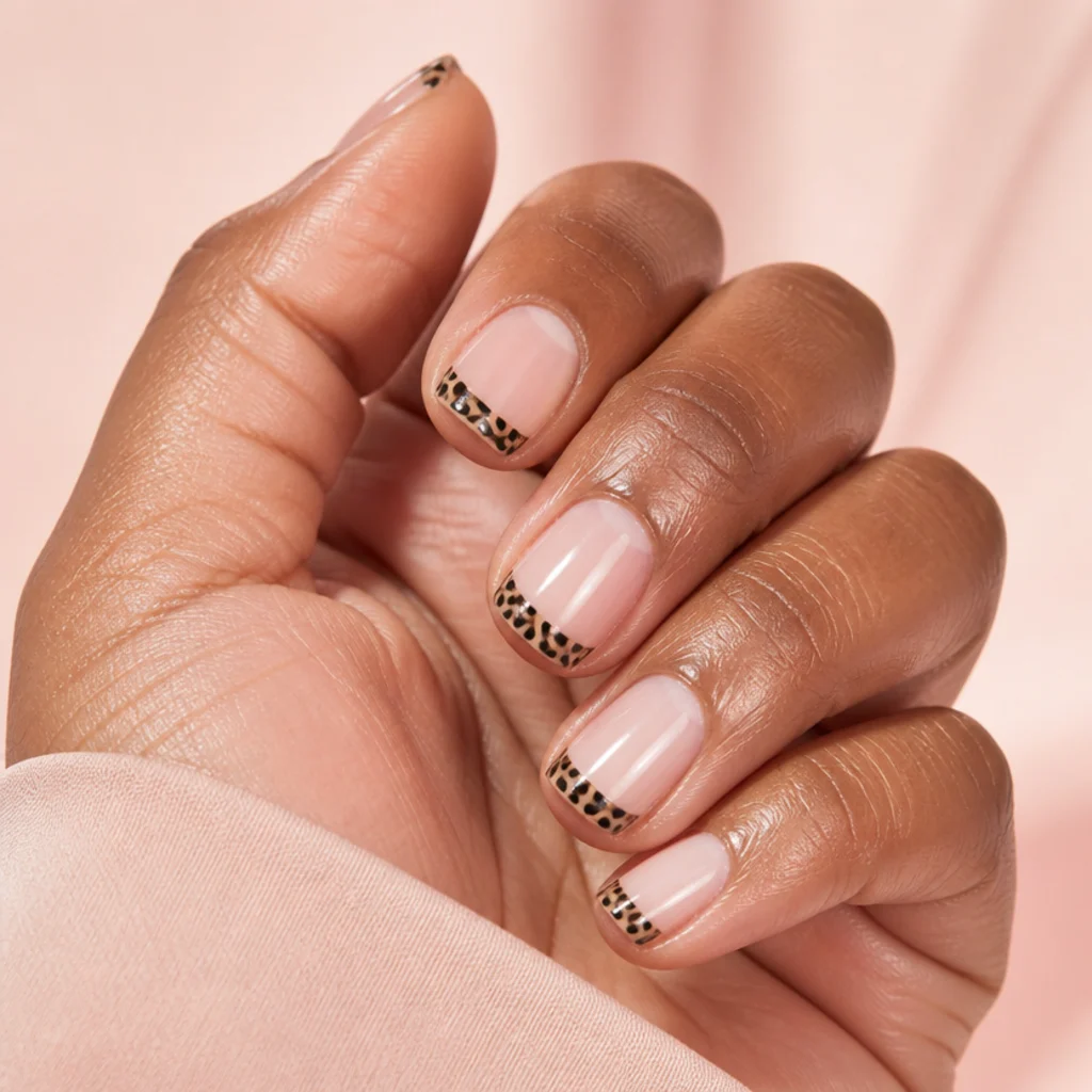 Short squoval nails with a clean nude base and a band of leopard-print spots along the free edge