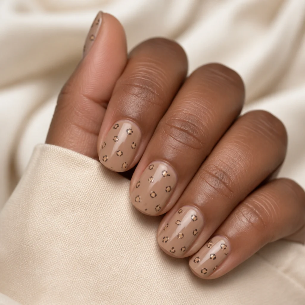 Short squoval nails in greige with tiny finely scaled leopard spots scattered evenly across the surface