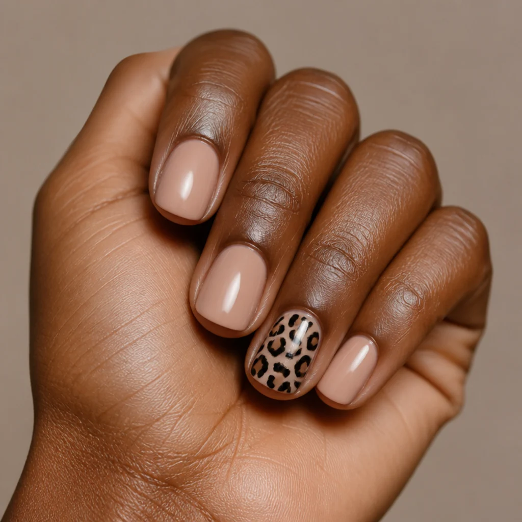 Short glossy nude nails with one bold black-and-tan leopard accent on each ring finger