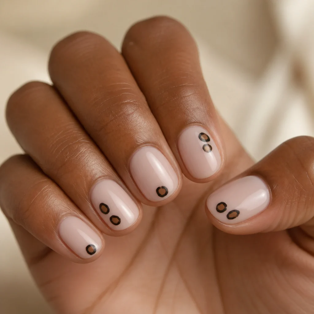 Short round nails in sheer milky pink with a few sparse black and brown leopard spots