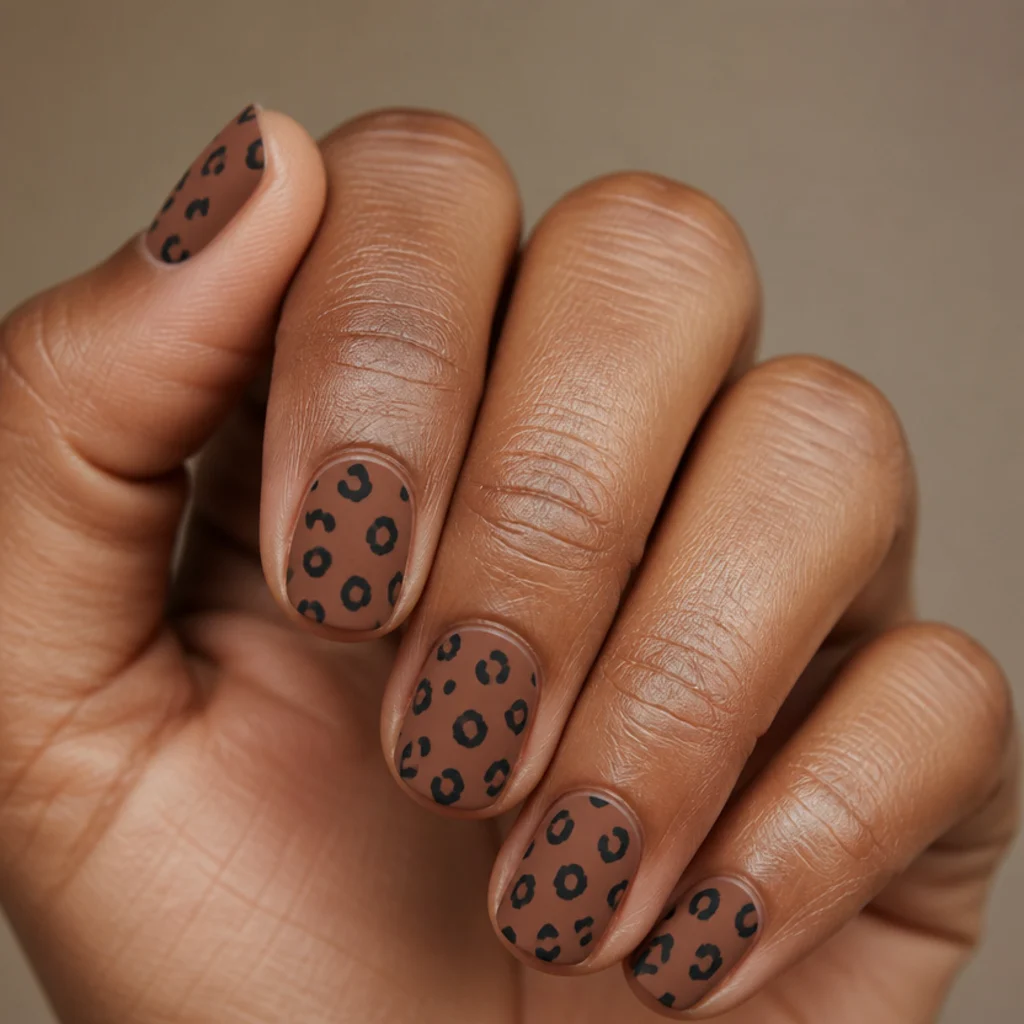 Short squoval nails in matte tan with black leopard spots and a velvety flat suede-like finish