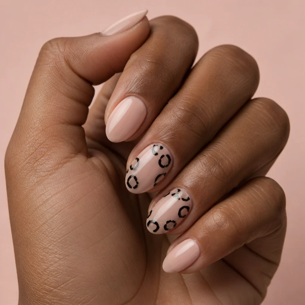 Short almond nails with bare negative-space gaps framed by open black leopard outlines