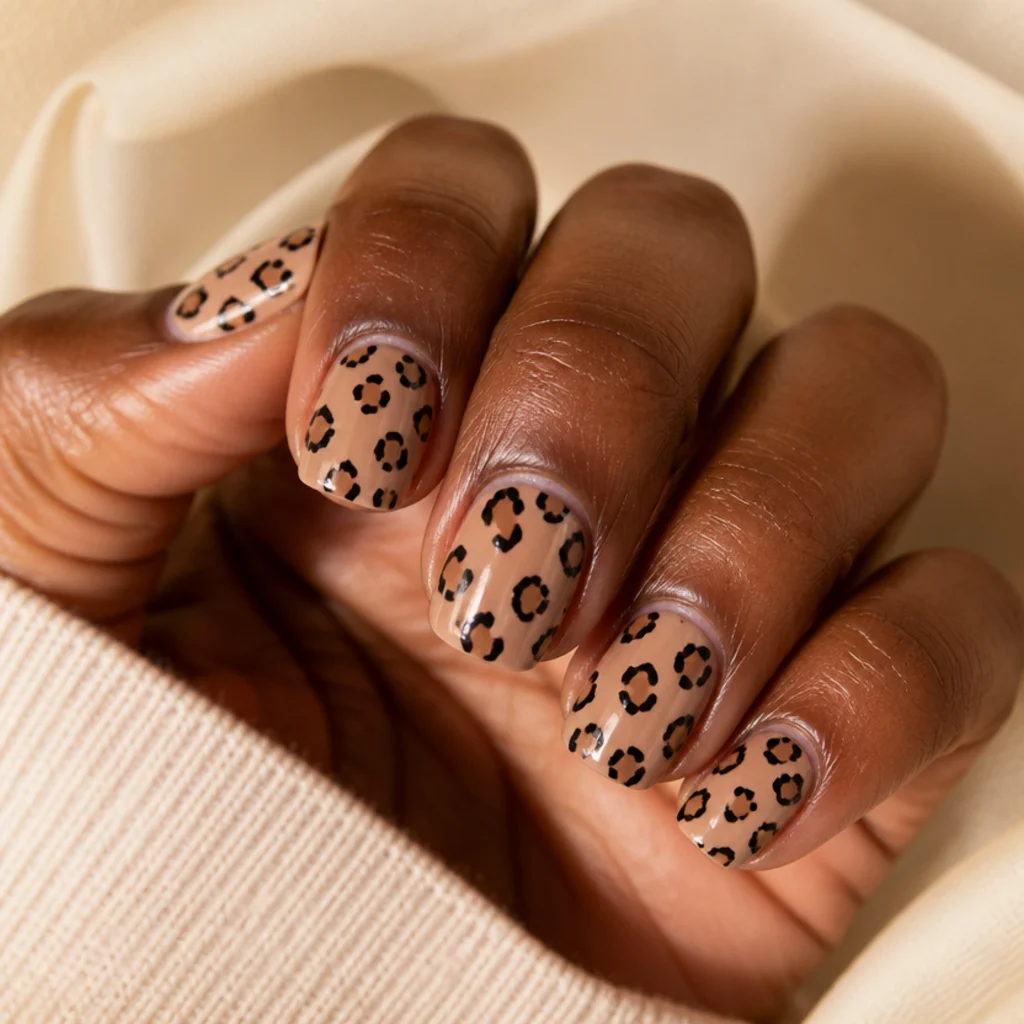 Short squoval leopard print acrylic nails in nude with structured tan-and-black rosettes