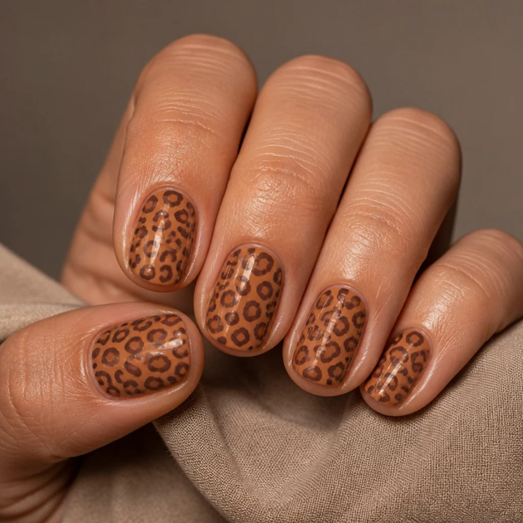 Short oval nails in warm caramel with layered deep chocolate-brown tonal leopard rosettes