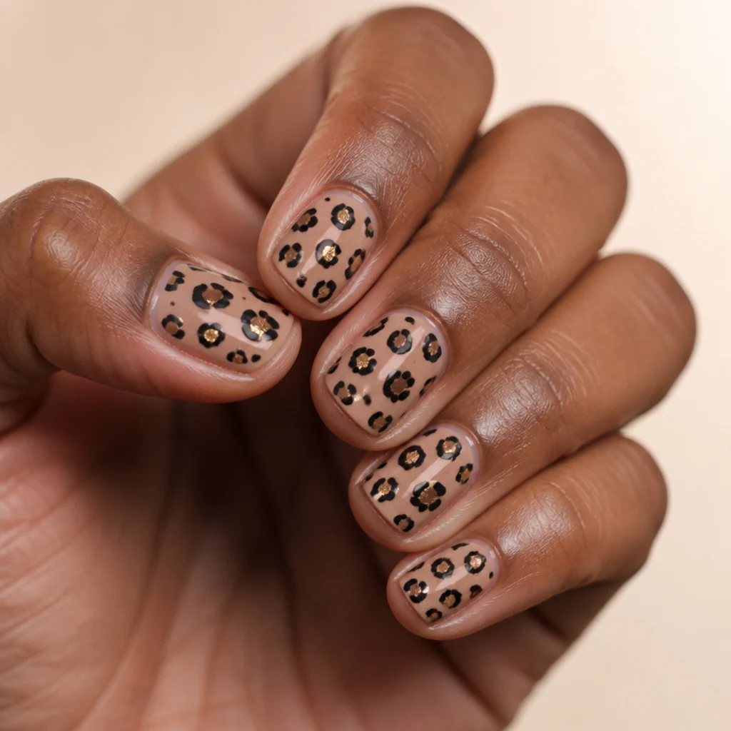 Short nude nails with a few leopard rosette centers filled with gold foil flakes catching the light