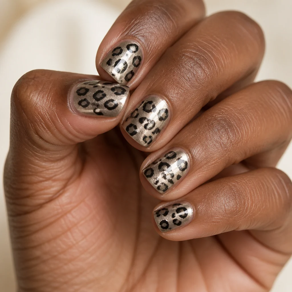 Short squoval nails with a soft pearl-chrome base and muted black leopard spots over the shimmer