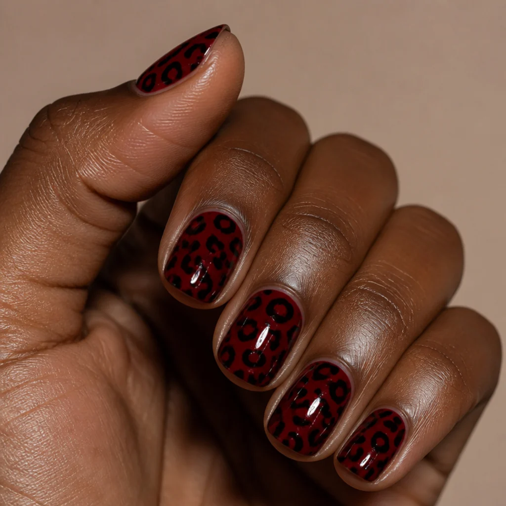 Short round nails in deep cherry red with bold black leopard spots and a glossy top coat