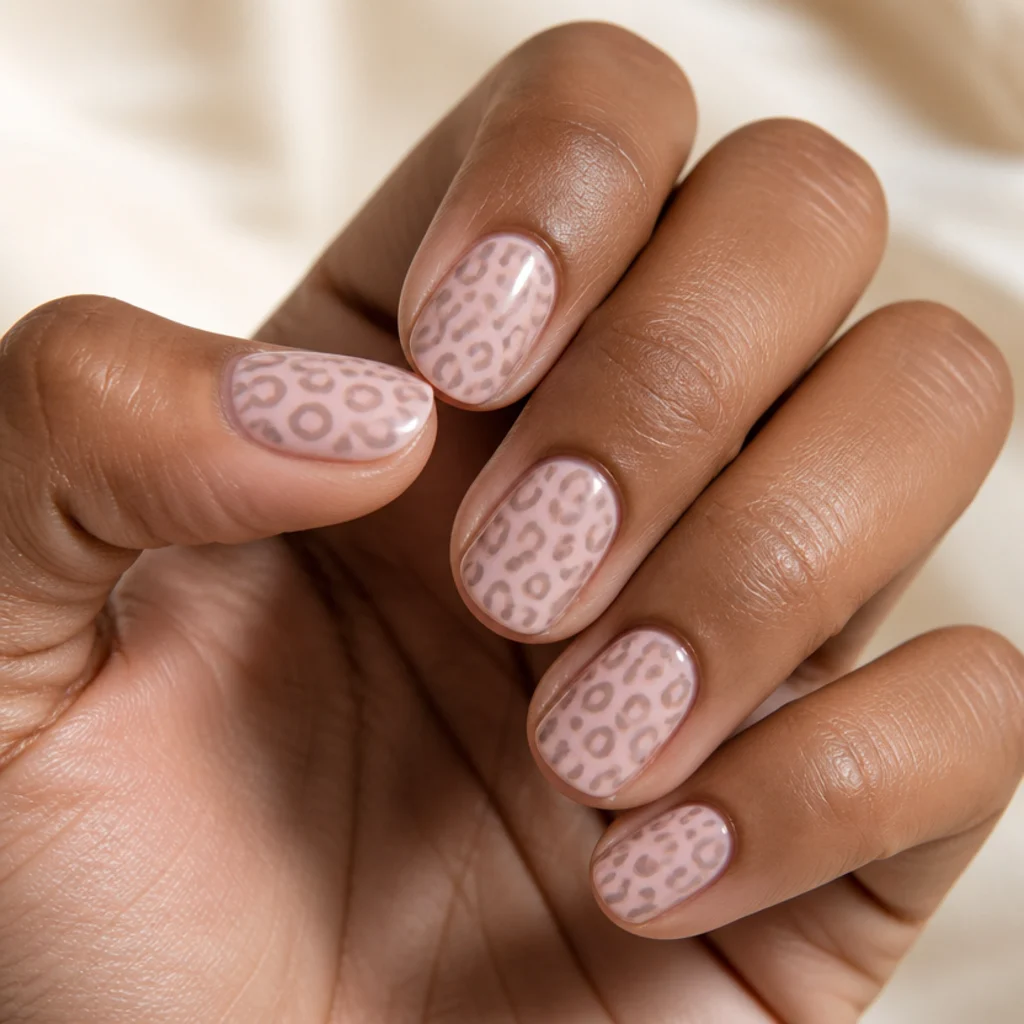 Short oval nails in soft blush pink with muted taupe leopard spots and thin brown broken outlines