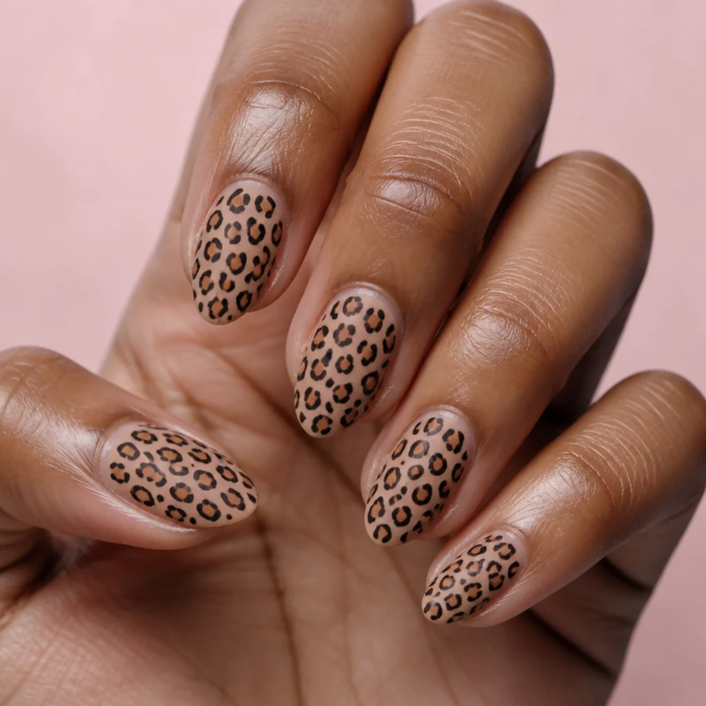 Short almond nails in nude with evenly scaled tan-and-black leopard rosettes across all ten