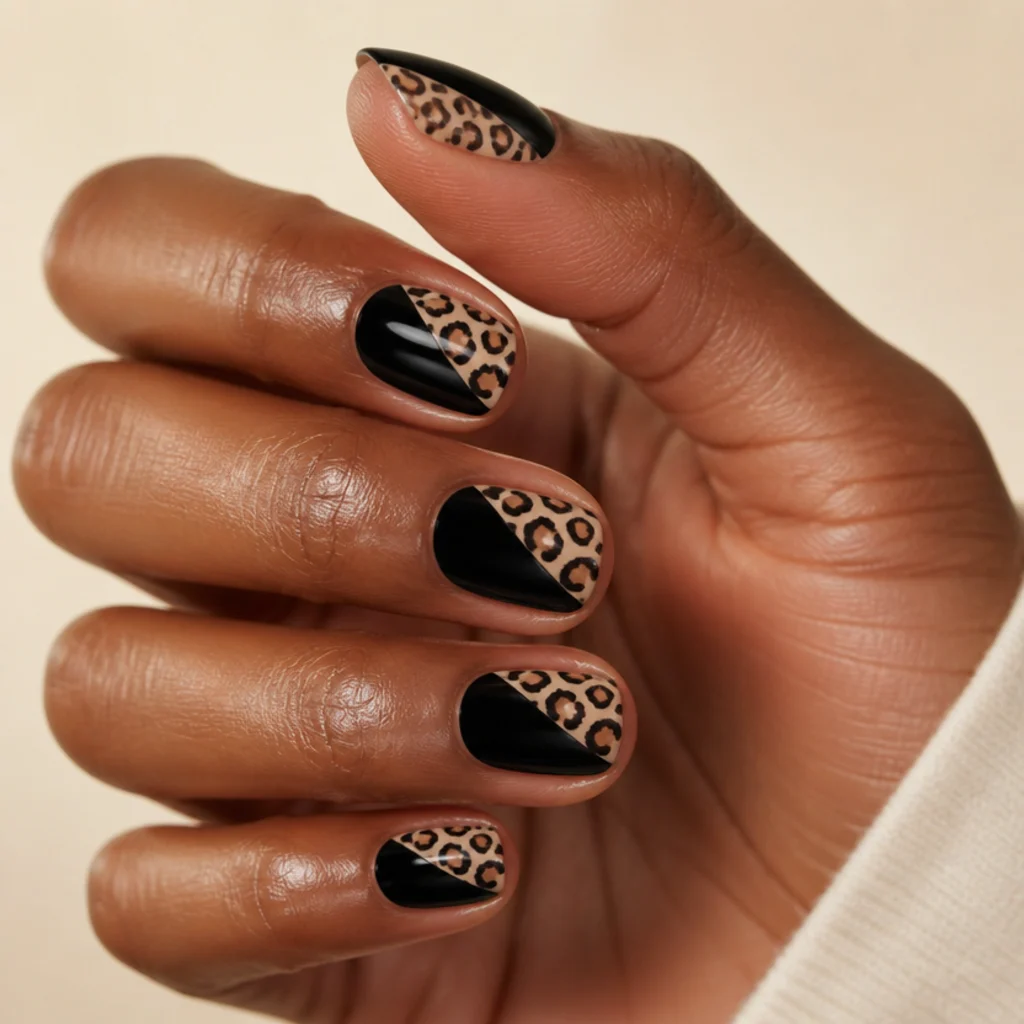 Short squoval nails split down the middle with solid black on one half and tan leopard print on the other