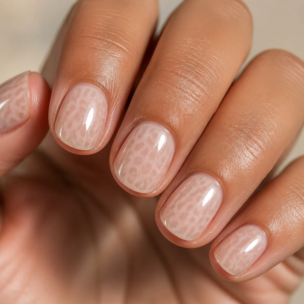 Short round nails with a pearly glazed-donut shimmer layered over faint tonal leopard spots