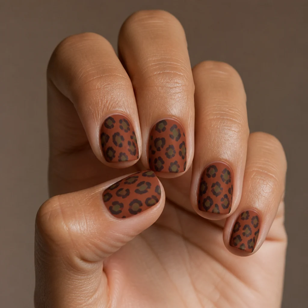 Short squoval nails in burnt rust with olive and warm-brown leopard spots in a fall palette