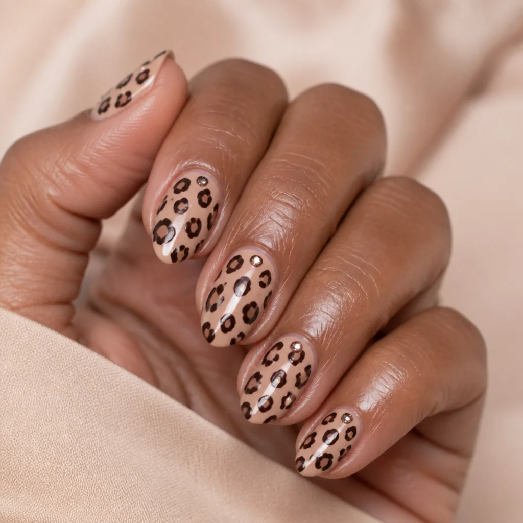 Short almond nails in nude leopard print with tiny clear rhinestones set flush into a few spots