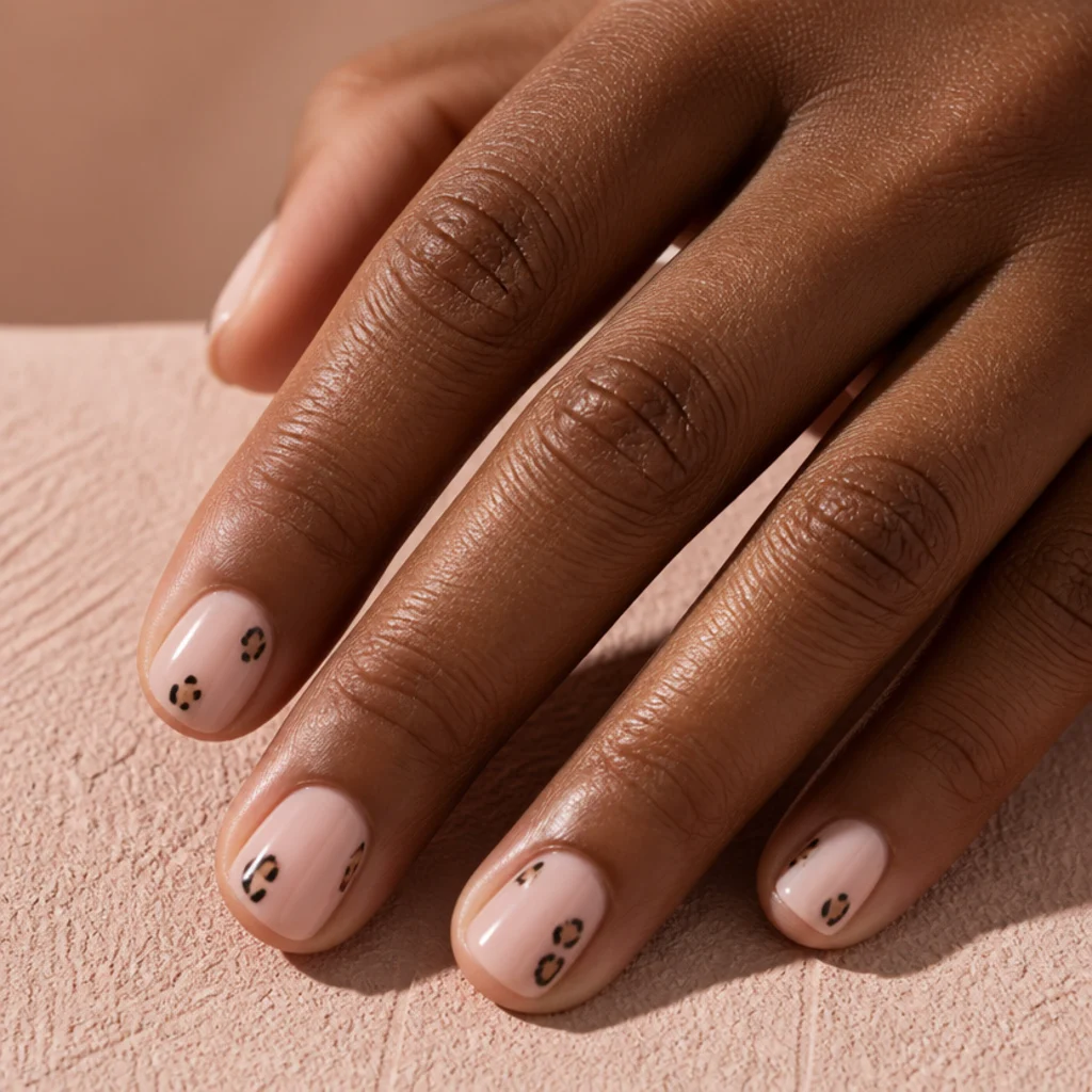 Short round nails in sheer nude with just two small delicate leopard spots on each nail