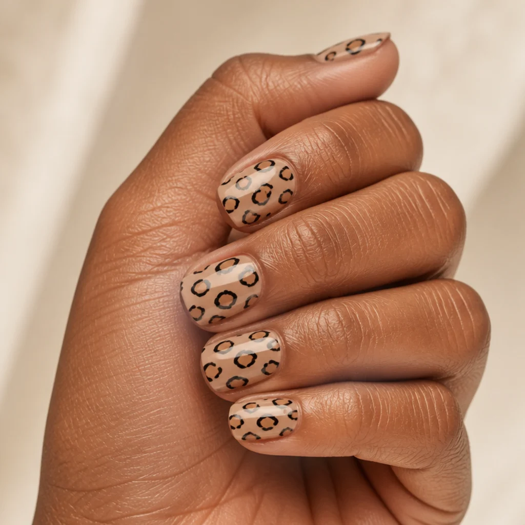 Close-up of short squoval nails in nude with hand-painted black and tan leopard spots on a warm ivory background