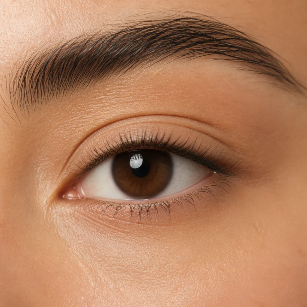 Close crop of an almond eye with a dark tightlined upper waterline and bare lids, lashes looking naturally denser