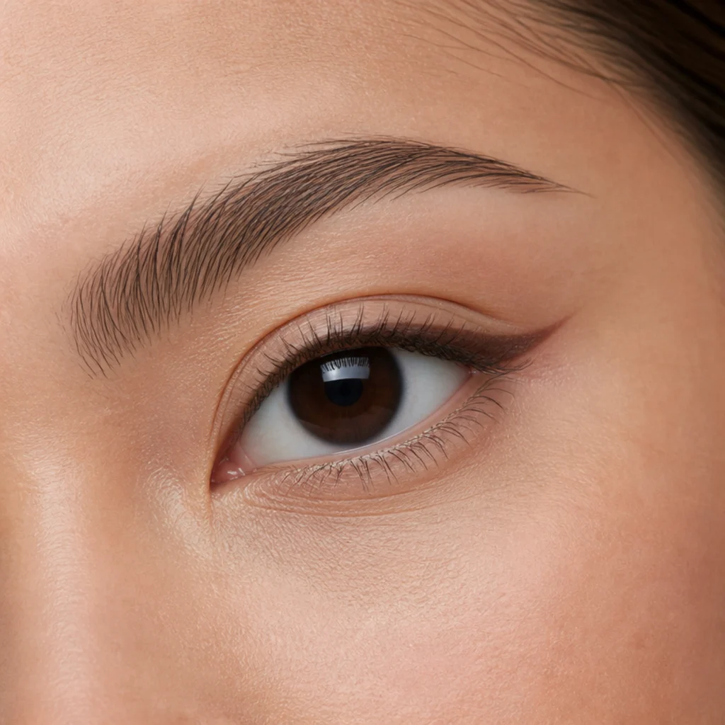 Almond eye wearing a short, soft brown winged liner that follows the lower lash angle up toward the brow tail