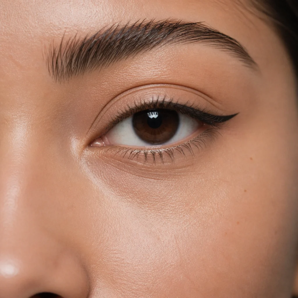 Angled three-quarter view of an eye showing a tiny upward liner flick lifting only the outer corner