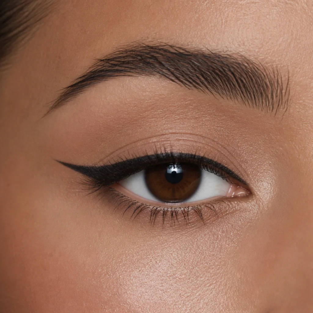 Hooded eye held open, showing a wing drawn above the hooded fold so the tail stays visible