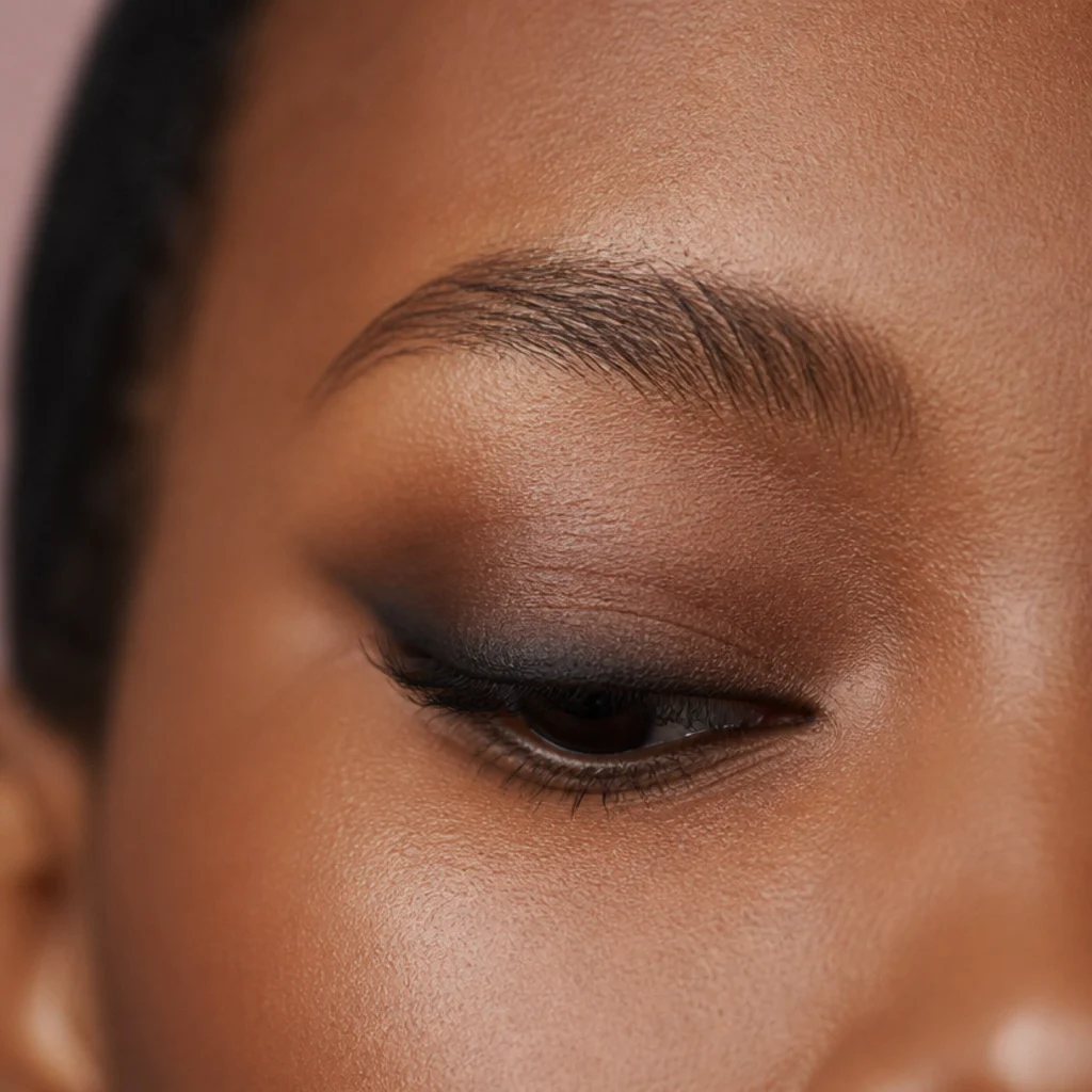 Hooded eye with a smoked-out pencil line diffused softly upward just past the crease