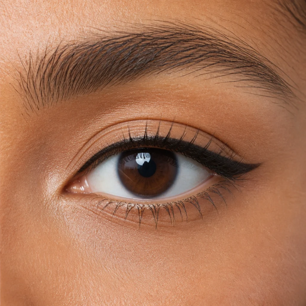 Round eye with liner concentrated and extended at the outer third to lengthen the shape