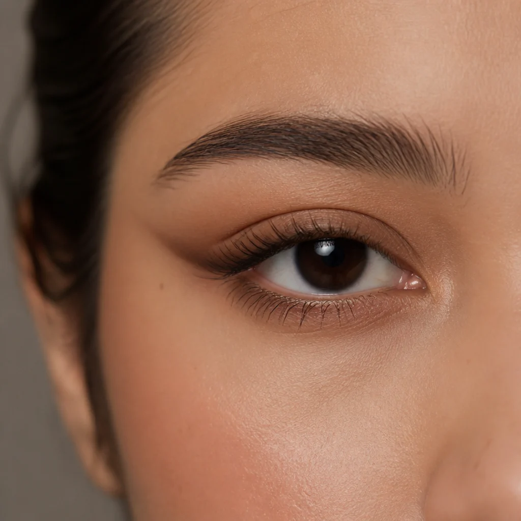 Round eye with a downward-tapering doe liner softening the lower outer corner for a gentle retro look