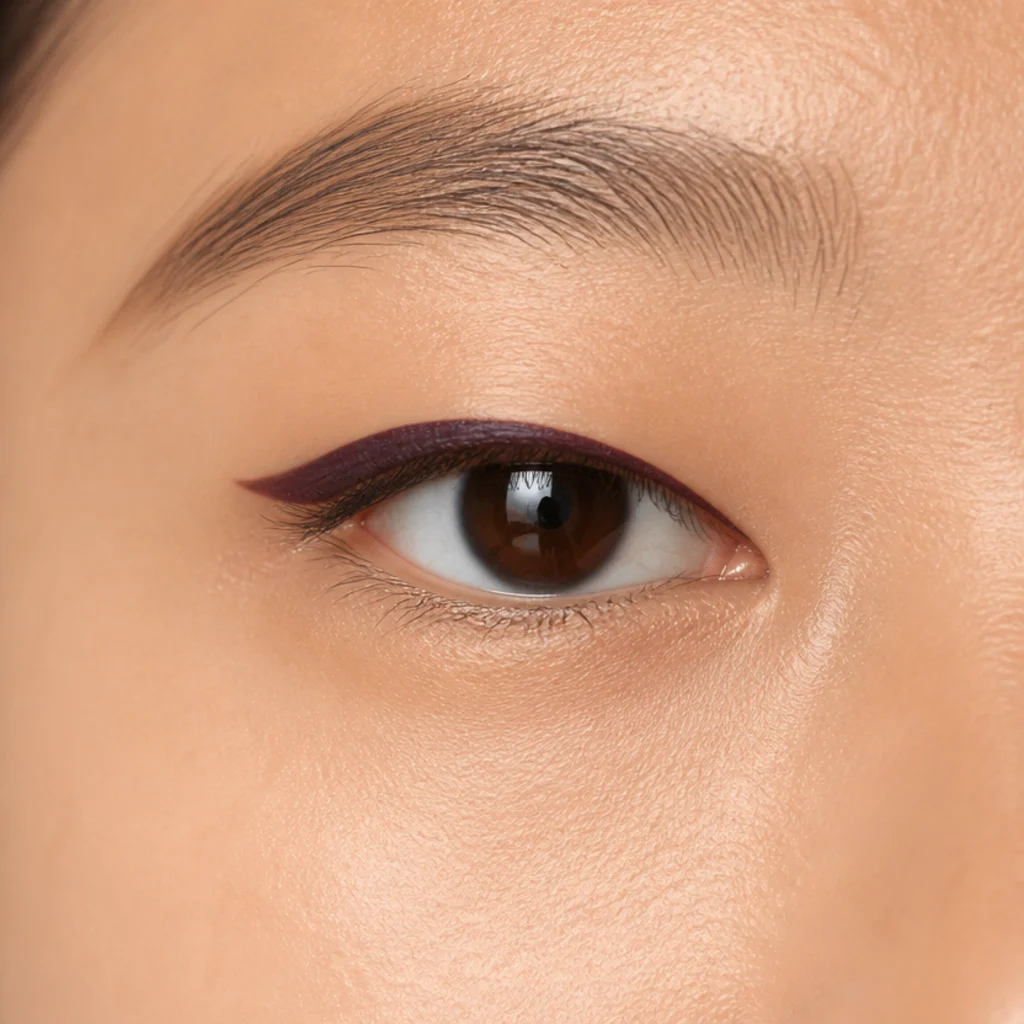 Monolid eye held open with a solid liner band thickened along the lash line, tapering toward the inner corner