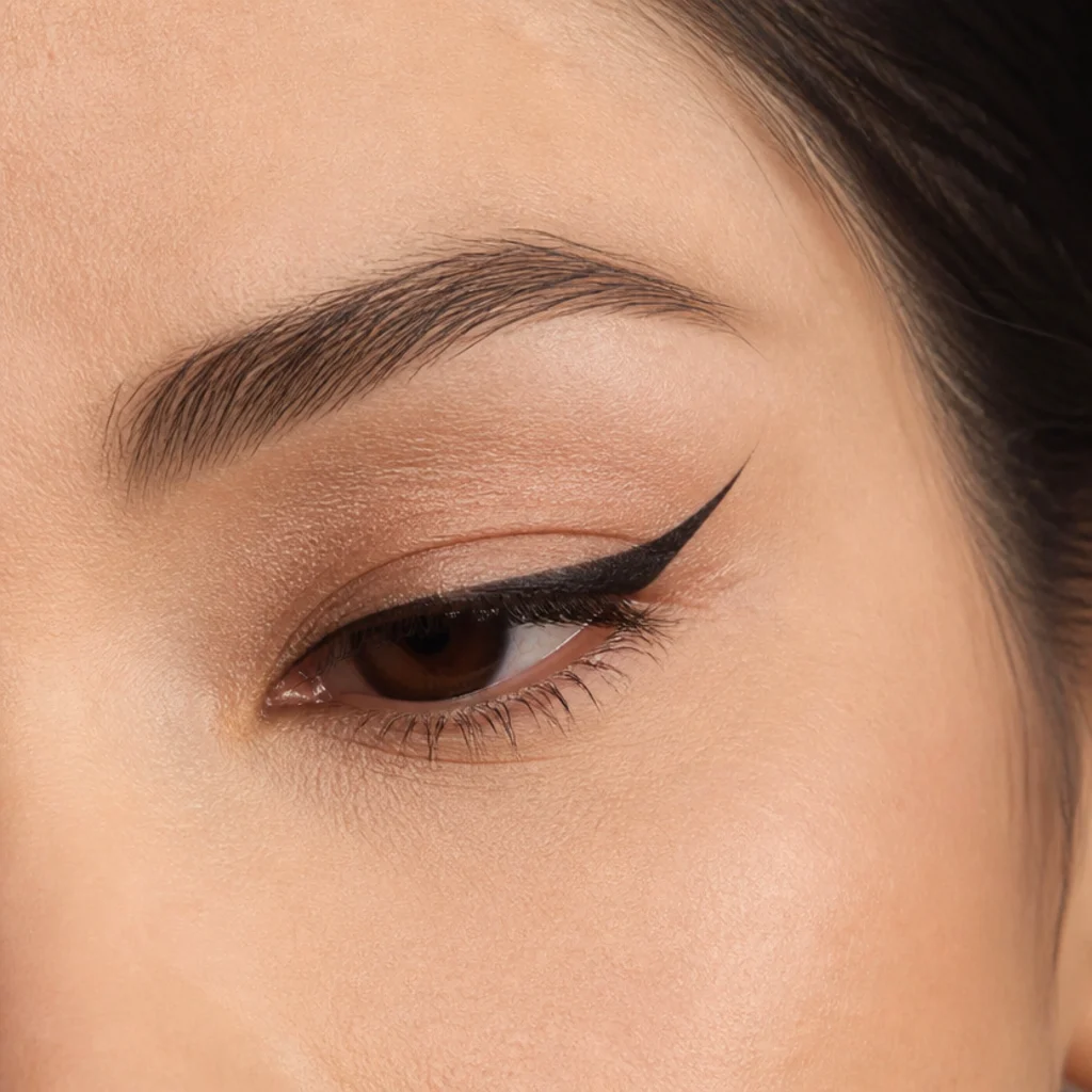 Downturned eye with the liner tail angled sharply upward at the outer corner to lift the droop